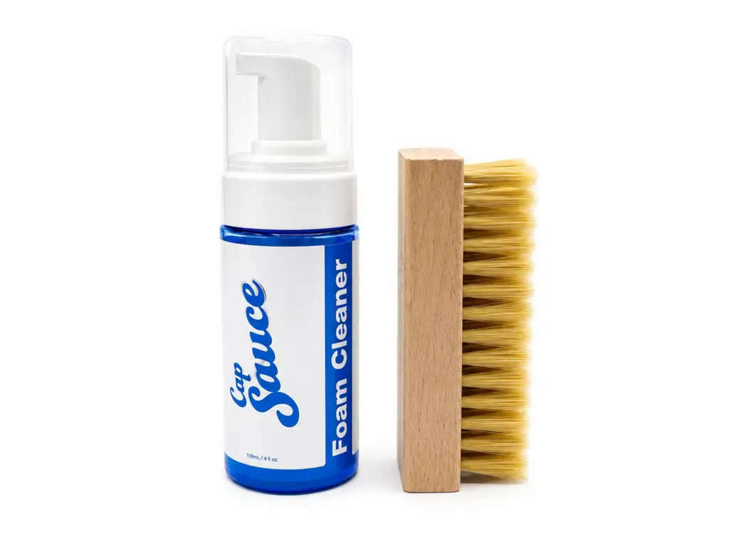 Cap Sauce Foam Cleaner 4 oz and wooden hat brush